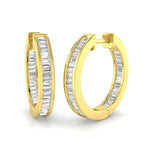 Yellow gold baguette cut diamond hoop earrings with channel set design