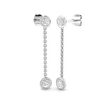 Round Brilliant Cut Diamond Spectacle Drop Earrings in white gold with delicate chain design and bezel-set diamonds