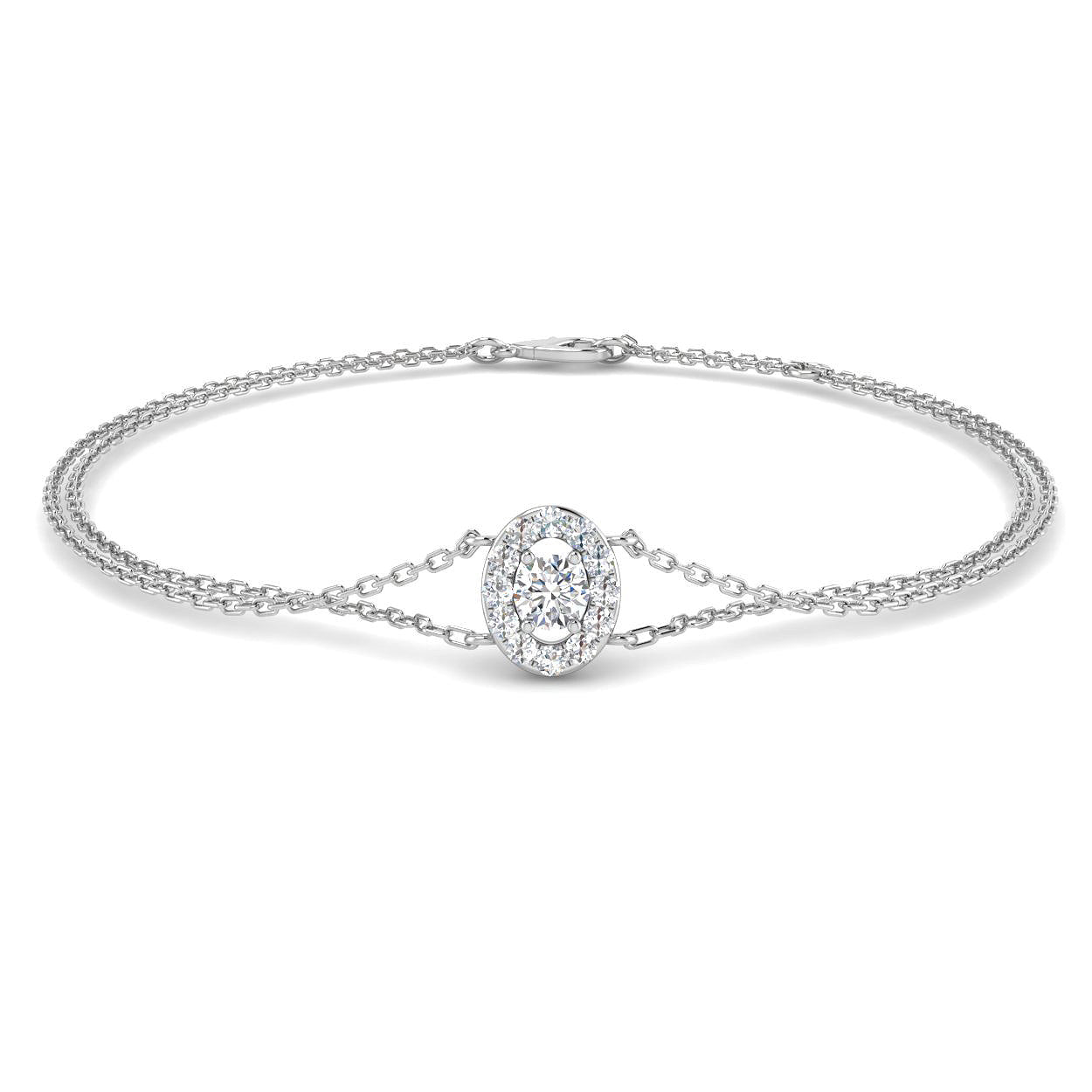 Round Diamond Oval Halo Double Chain Bracelet