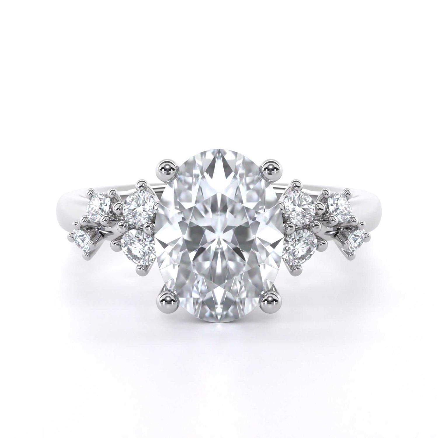 Winter Oval engagement ring with oval diamond center and scattered round diamond shoulder design