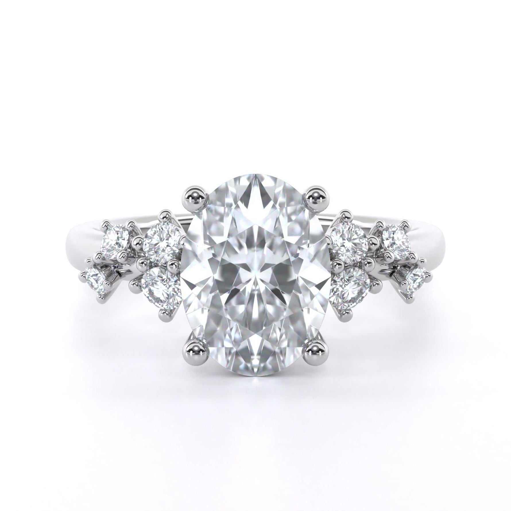 Winter Oval engagement ring with oval diamond center and scattered round diamond shoulder design