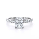Piper Radiant ring with radiant cut diamond center and micro set diamond halo on delicate shoulders