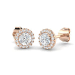Round Brilliant Cut Diamond halo stud earrings in rose gold with micro set diamonds