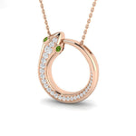 18kt rose gold Serpent Diamond Circle Pendant with green emerald eyes and 0.25ct diamonds
