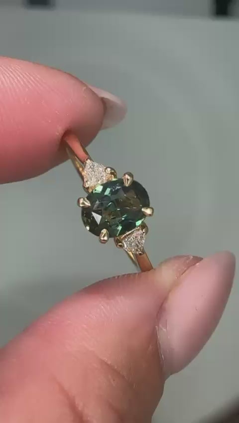 Oval Teal Sapphire and Trilliant Diamond Ring