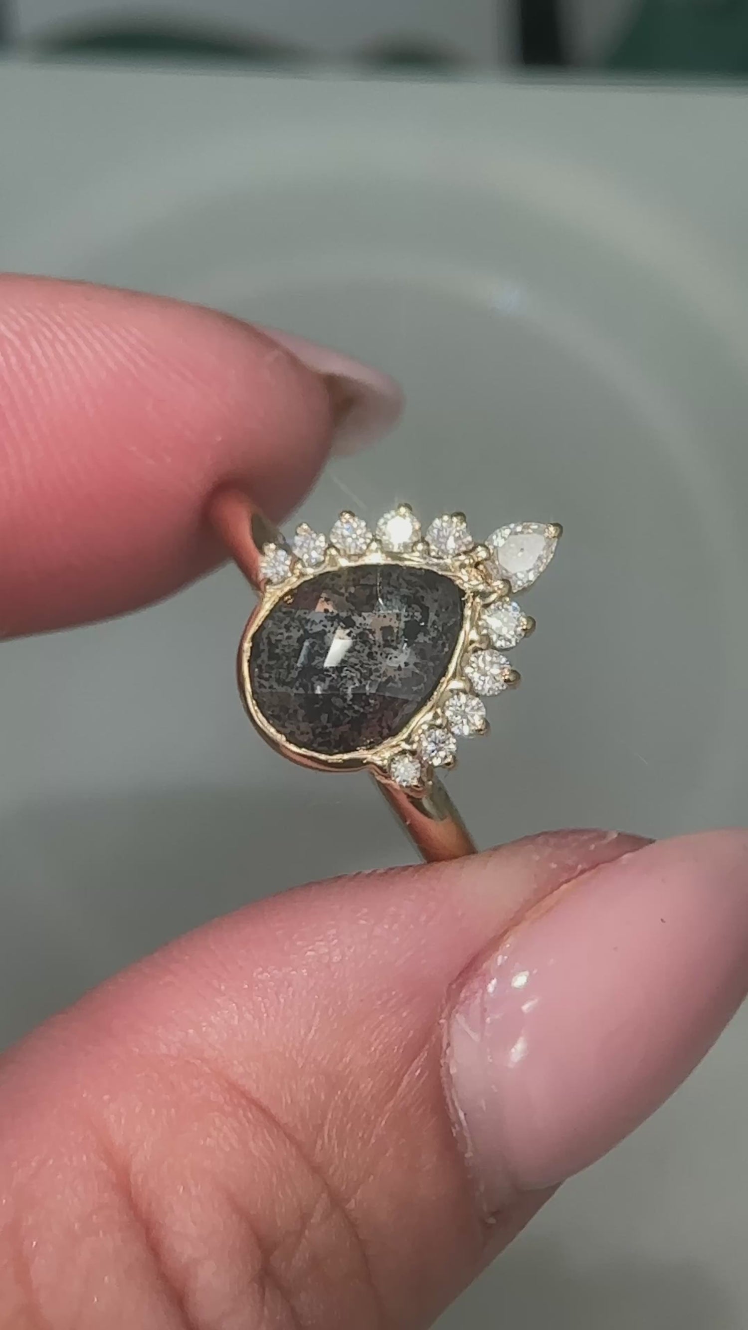 Salt and Pepper Pearshape Diamond Tiara Ring
