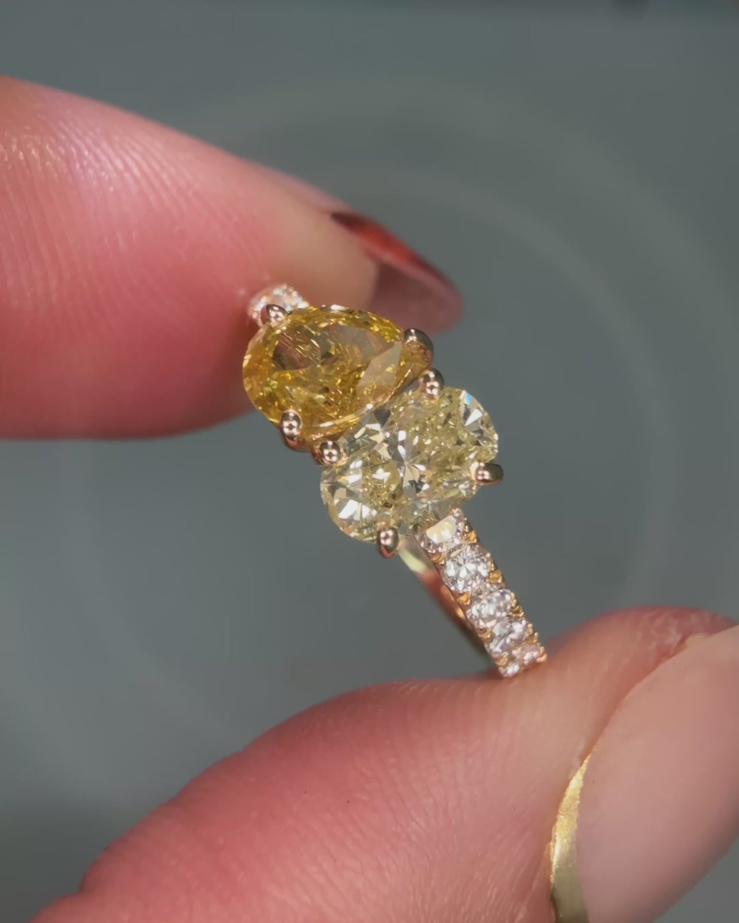Oval Cut and Pearshape Yellow Diamond Toi Et Moi Ring