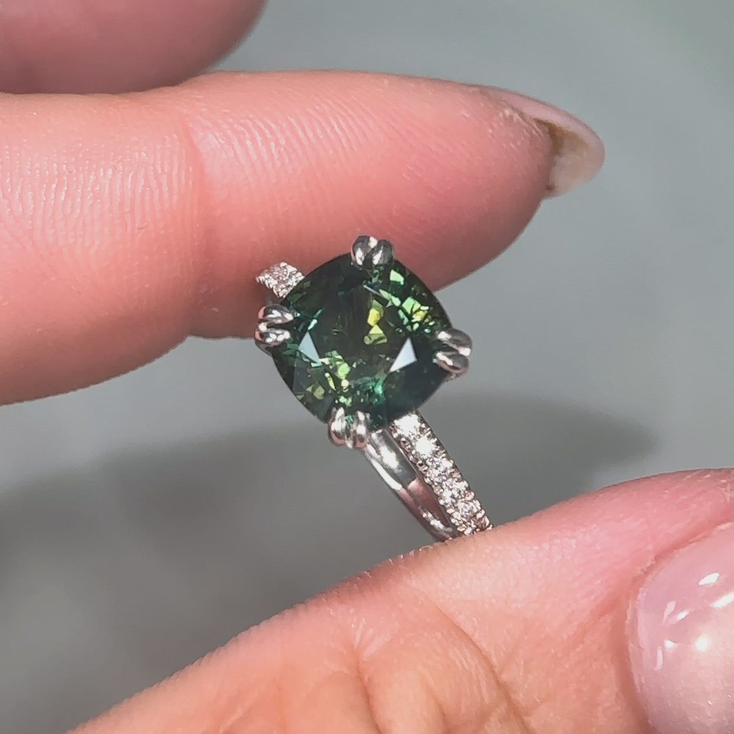Cushion Cut Teal Sapphire and Diamond Ring