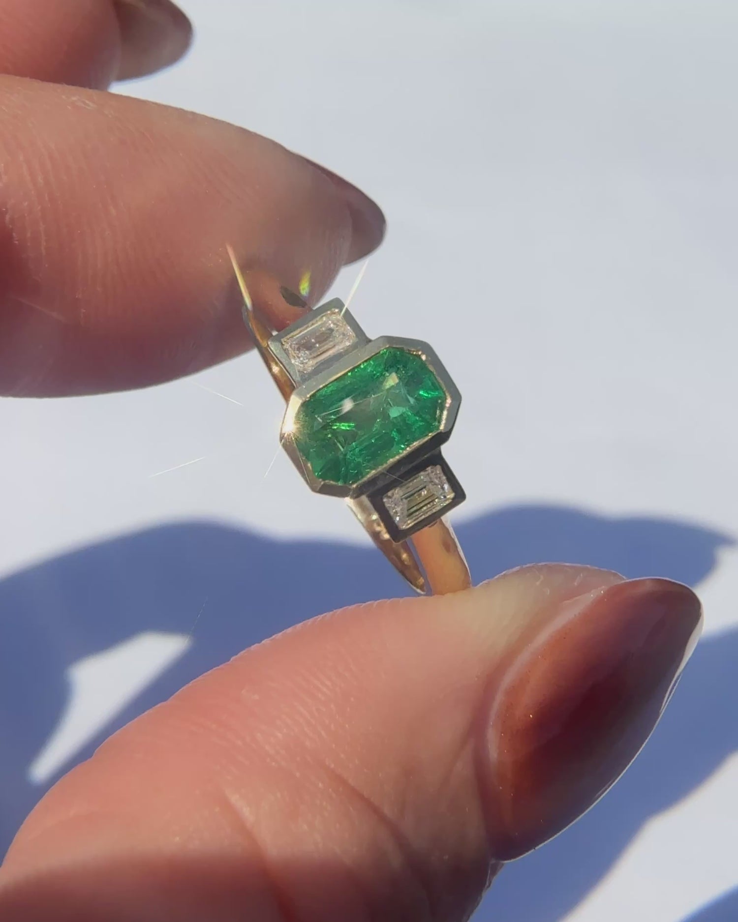 Octagon Emerald and Diamond Trilogy Ring
