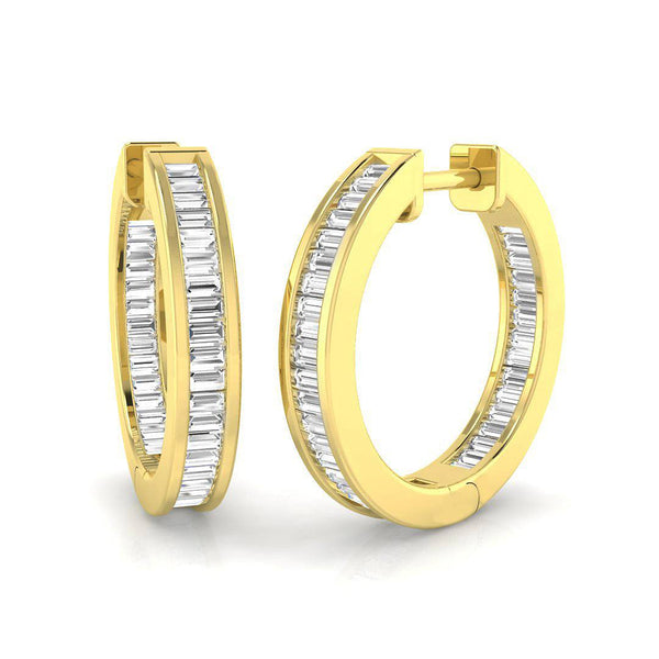 Yellow gold baguette cut diamond hoop earrings with channel set design