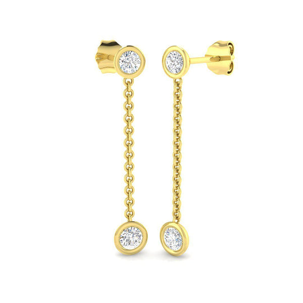 Round Brilliant Cut Diamond gold chain drop earrings with bezel set diamonds
