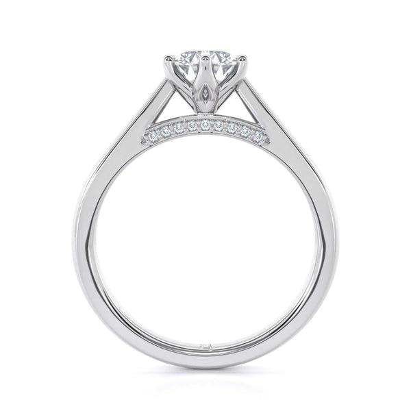 Audrey Round engagement ring with round brilliant cut diamond and six claw setting featuring diamond set bridge