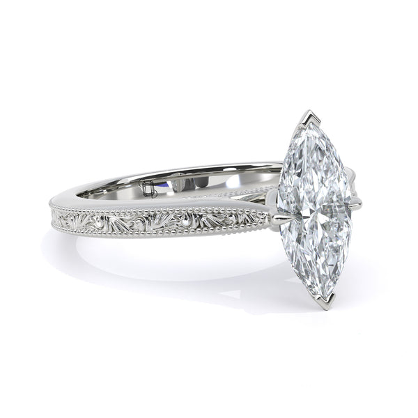 Marquise Cut Engraved Unique Engagement Ring