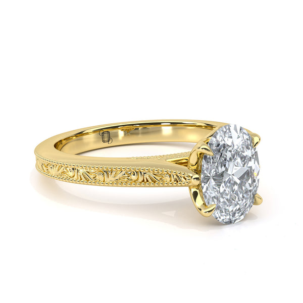 Oval Diamond Engraved Unique Engagement Ring