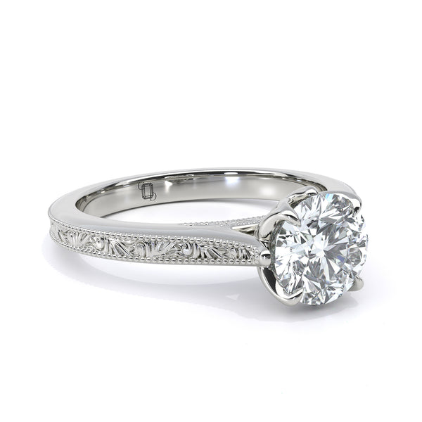 Round Diamond Engraved Vintage Engagement Ring
