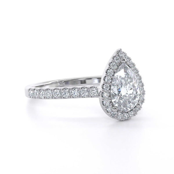 Whisper pearshape halo diamond engagement ring with thin diamond halo and shoulder in white gold