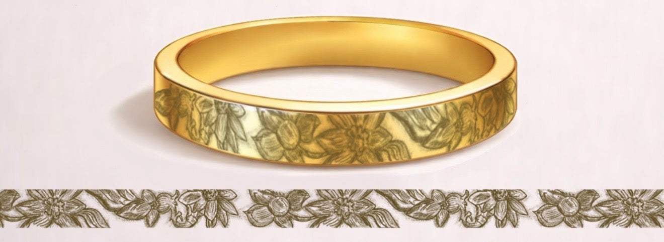The Bloom Band delicate hand-engraved daisy and rose floral wedding rings in 9kt, 18kt, and platinum