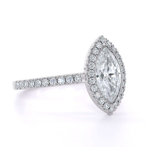 Whisper Halo Marquise cut diamond engagement ring with radiant halo setting and elegant design