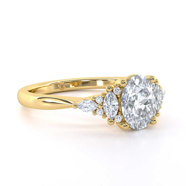 Esmeralda Oval cut diamond engagement ring with fancy halo surround and intricate design