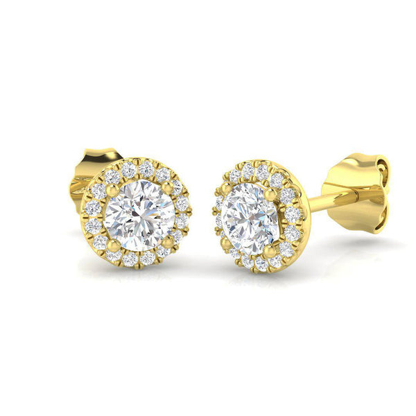 Round brilliant cut diamond halo stud earrings in 18kt yellow gold with micro set diamonds for extra sparkle