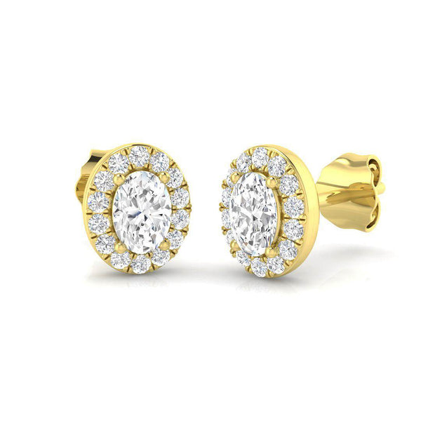 Oval cut diamond stud halo earrings in yellow gold with micro set halo design