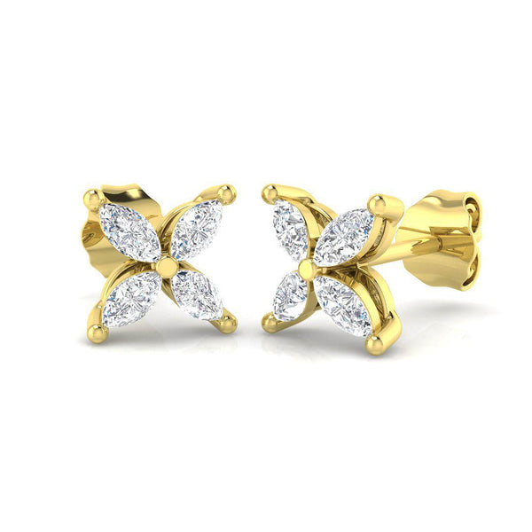 Marquise diamond flower stud earrings in 18kt yellow gold with four sparkling diamonds totaling 0.45ct