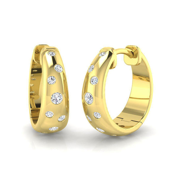 18kt gold hoop earrings with round brilliant cut diamond flush set design