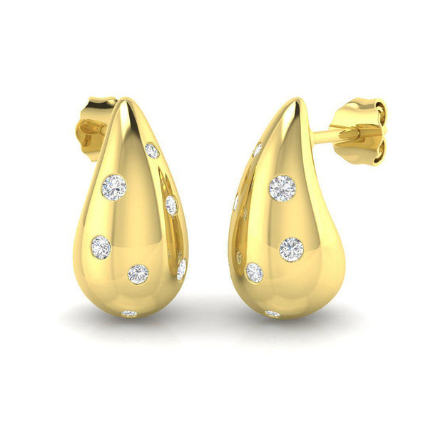 Chunky teardrop diamond stud earrings in 18kt yellow gold with flush-set round diamonds