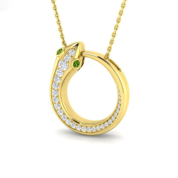 18kt gold serpent diamond circle pendant with emerald green eyes and grain-set diamonds