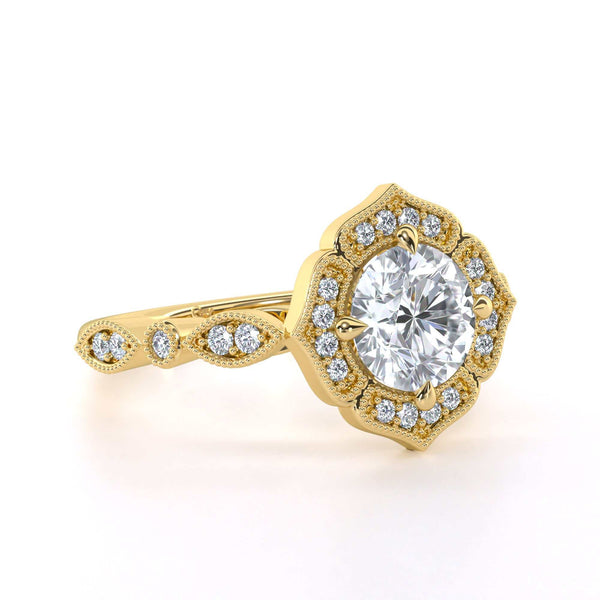 Zara Round brilliant cut diamond vintage halo engagement ring with intricate detailing