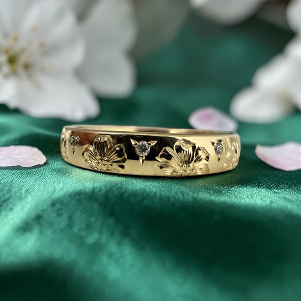 Cherry blossom engraved diamond band