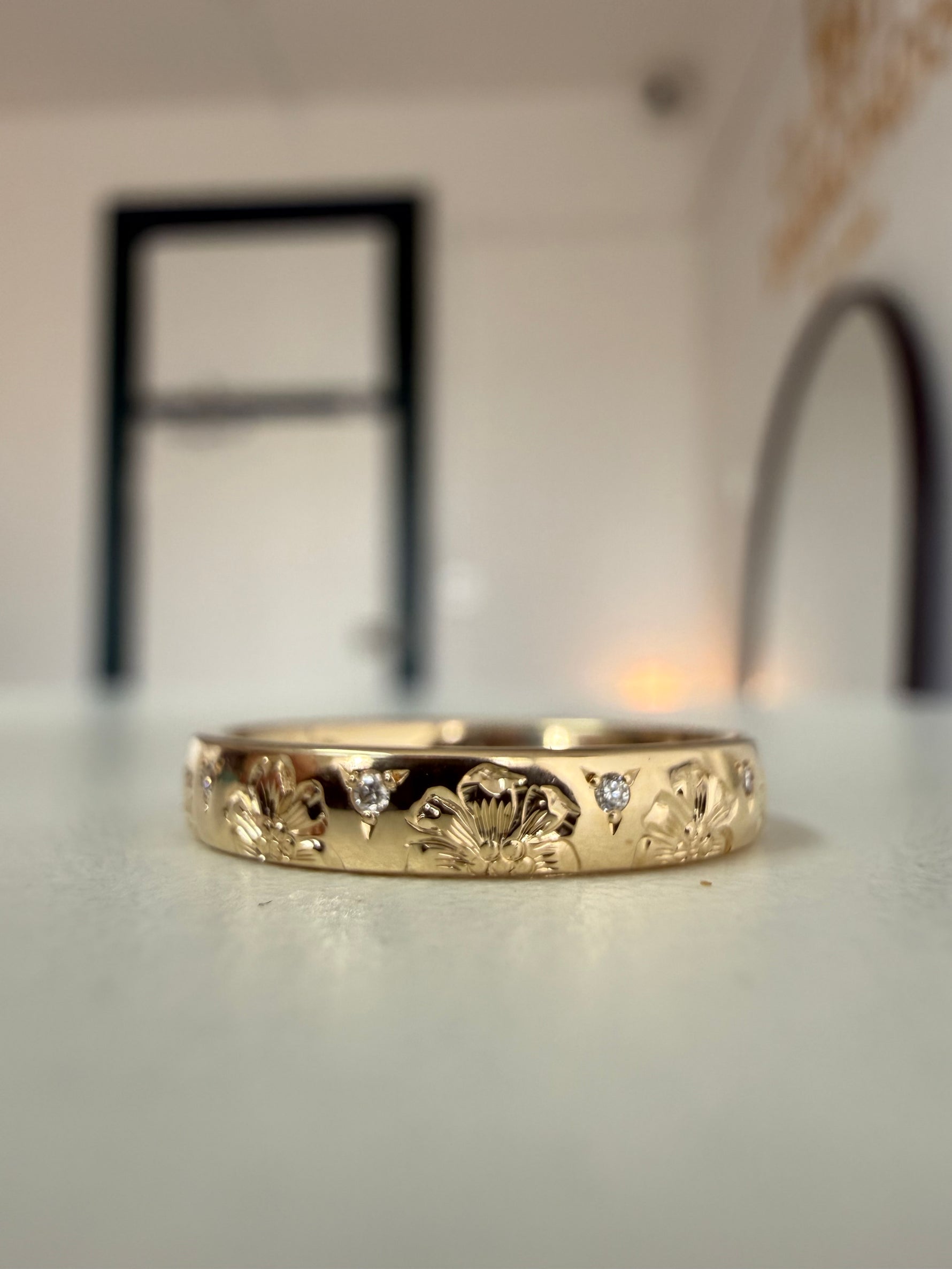 Cherry blossom engraved diamond band