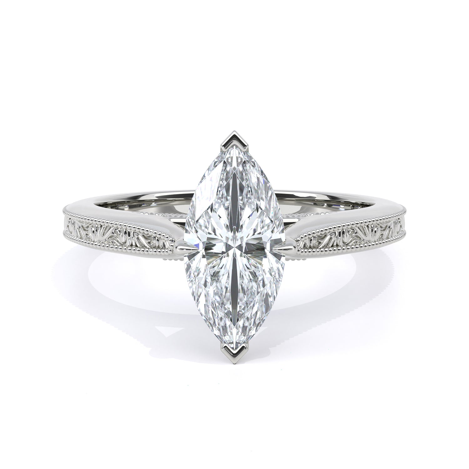 Marquise cut engraved diamond engagement ring