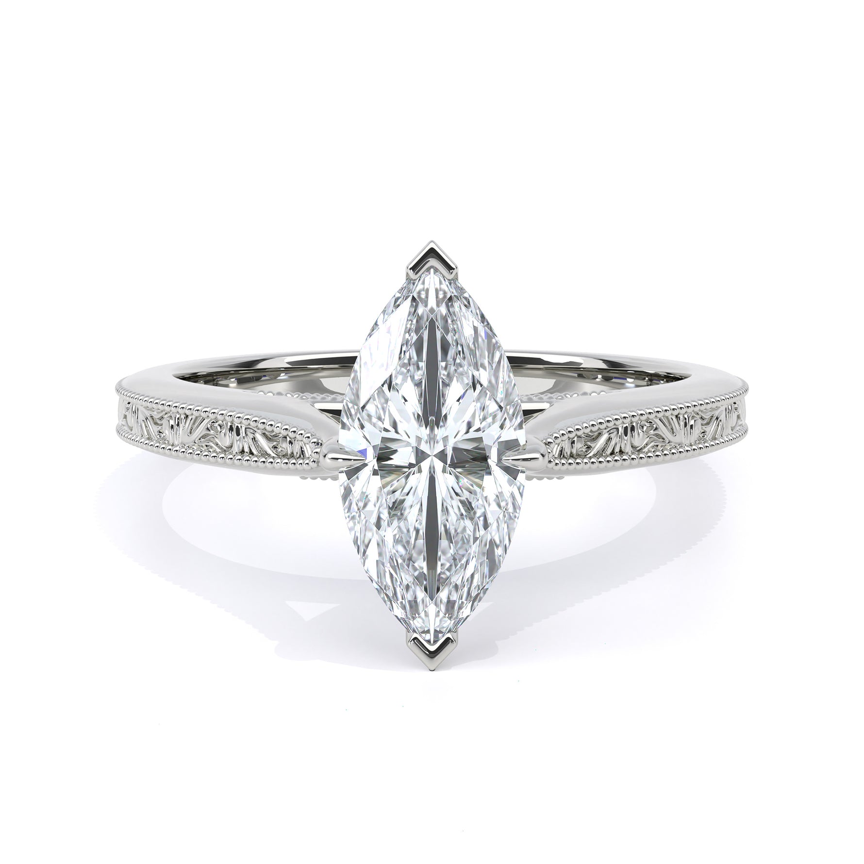 Marquise cut engraved diamond engagement ring