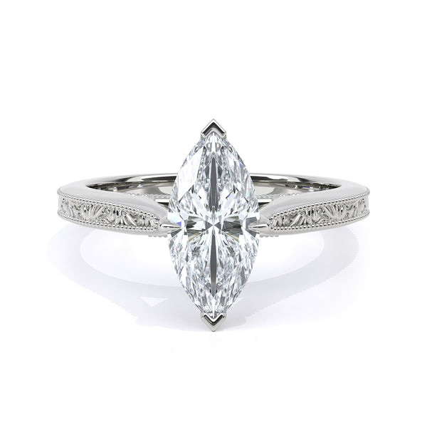 Marquise cut engraved diamond engagement ring