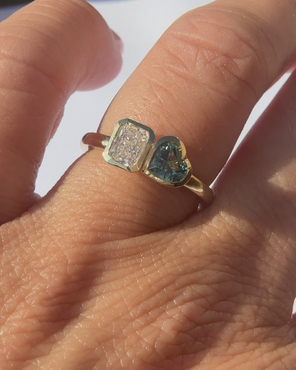 Radiant Cut Diamond and Heart Shape Teal Sapphire Toi et Moi Ring