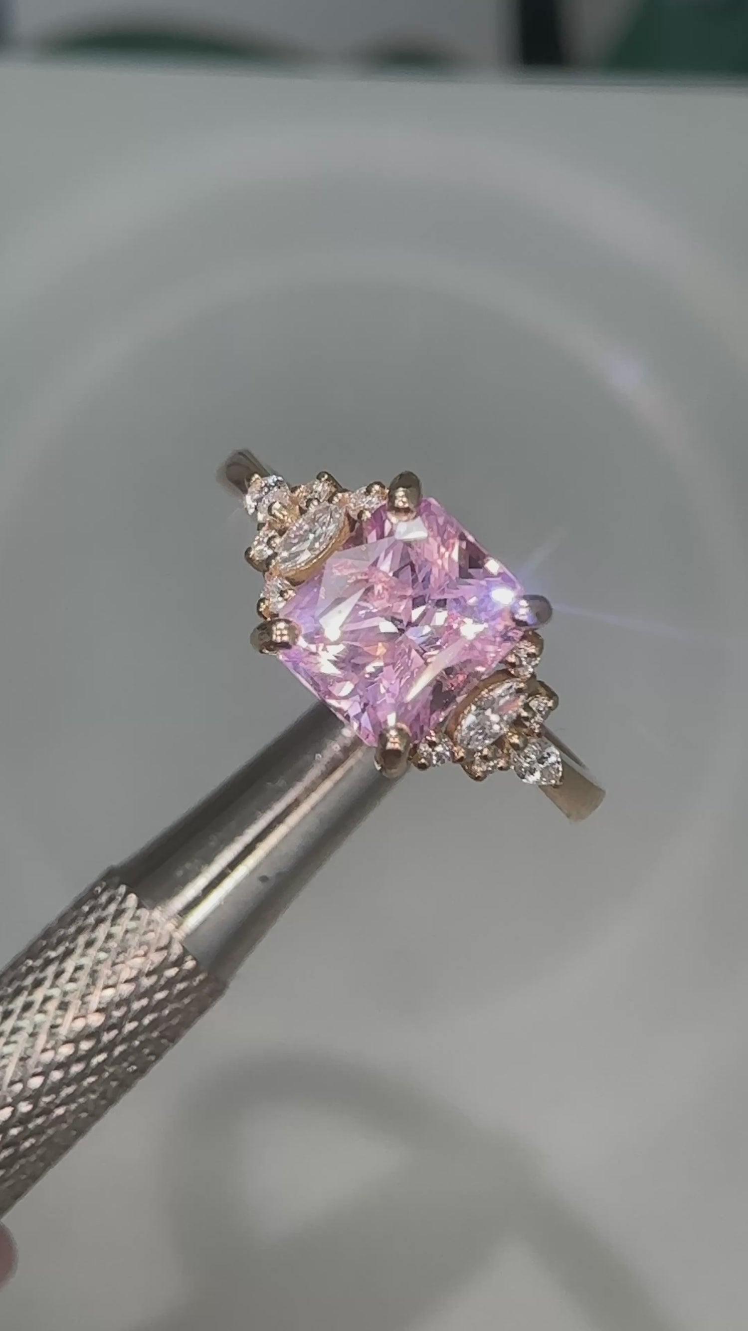 Pink Sapphire Radiant Cut Esmeralda Ring