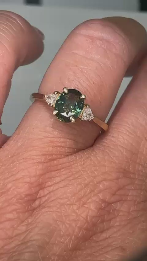 Oval Teal Sapphire and Trilliant Diamond Ring