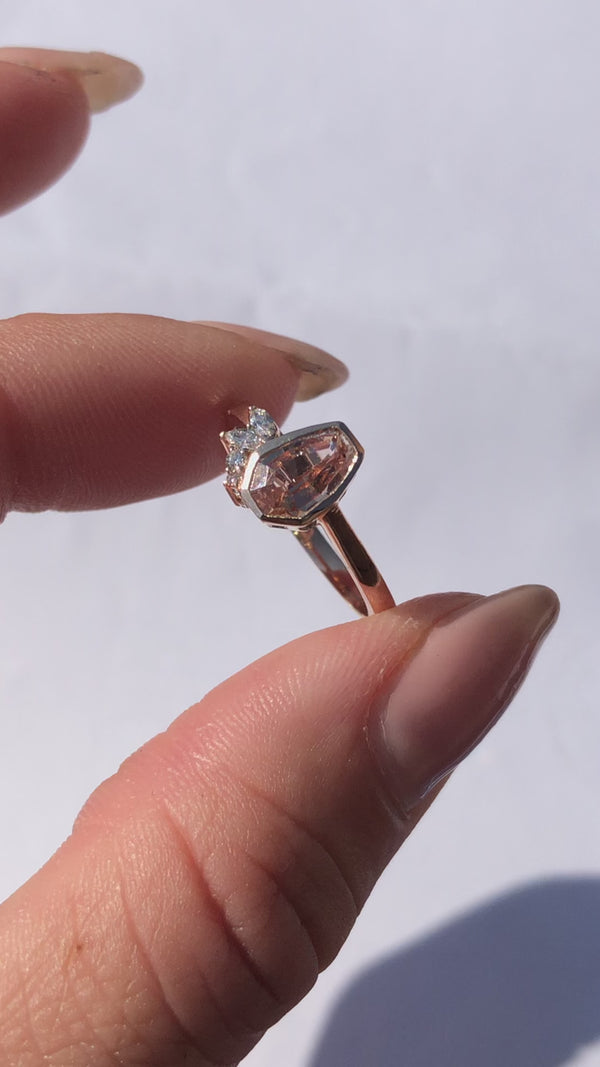 Hexagon Cut Peach Sapphire Floral Cluster Cocktail Ring