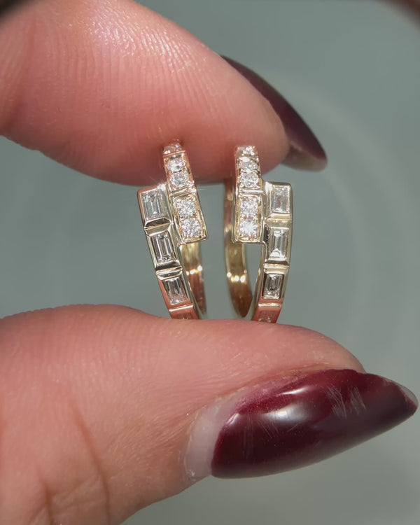 Baguette and Round Brilliant Cut Diamond Crossover Hoop Earrings