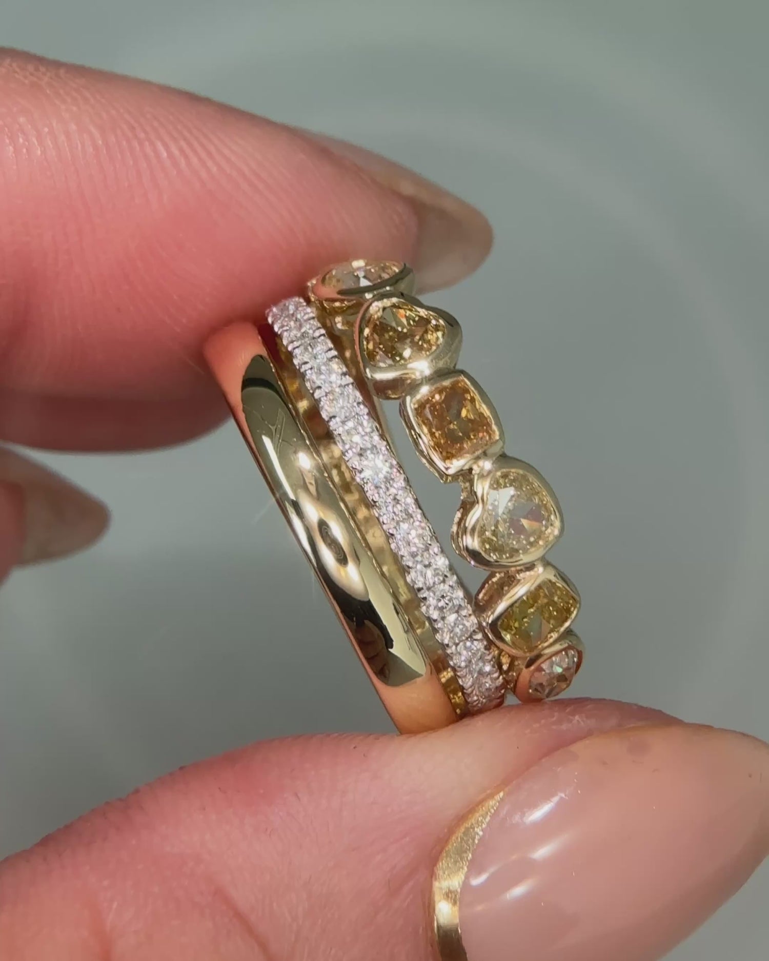Multi Cut Fancy Colour Diamond Bezel Triple Band Eternity Ring