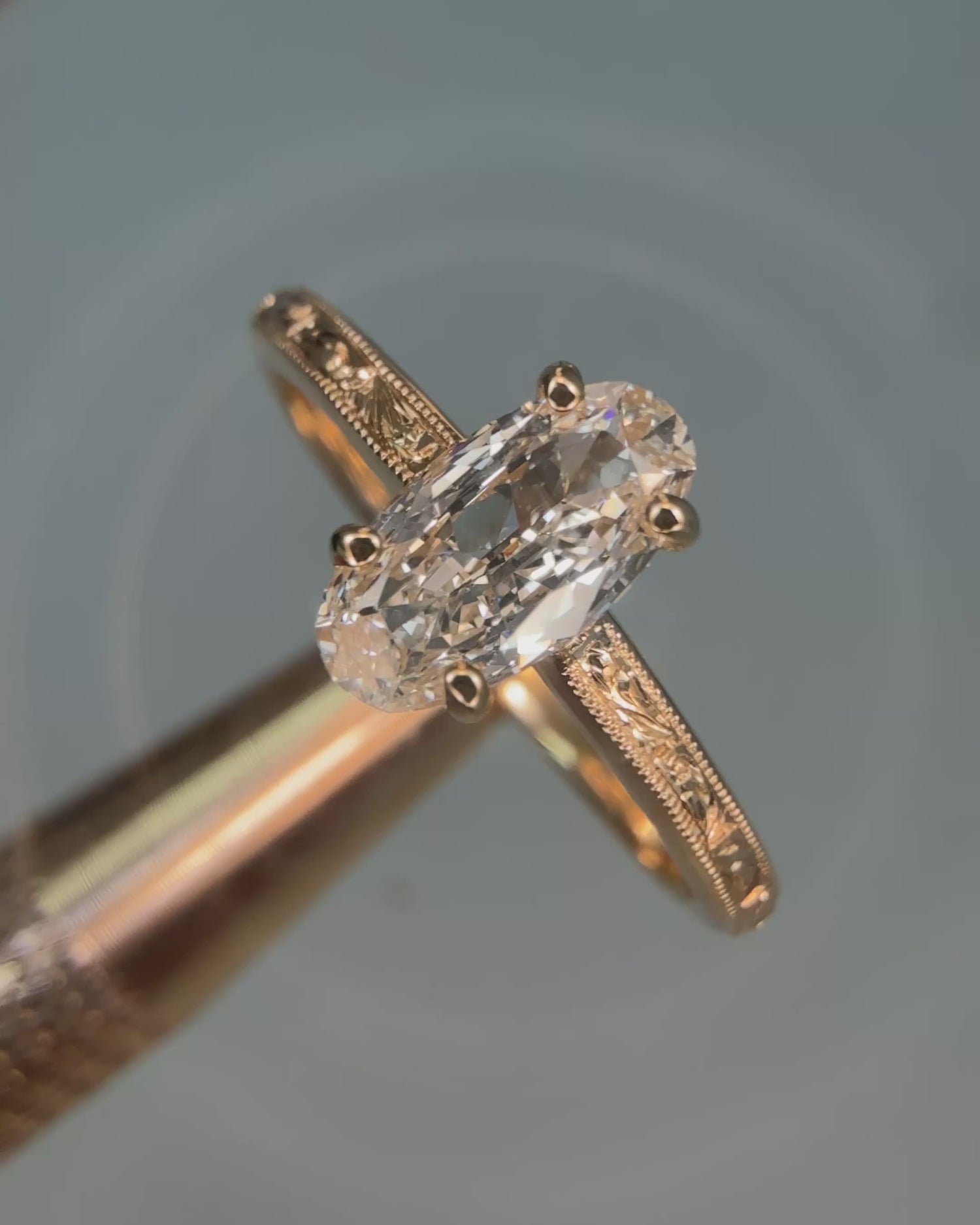 Moval Cut Diamond Engraved Solitaire Ring