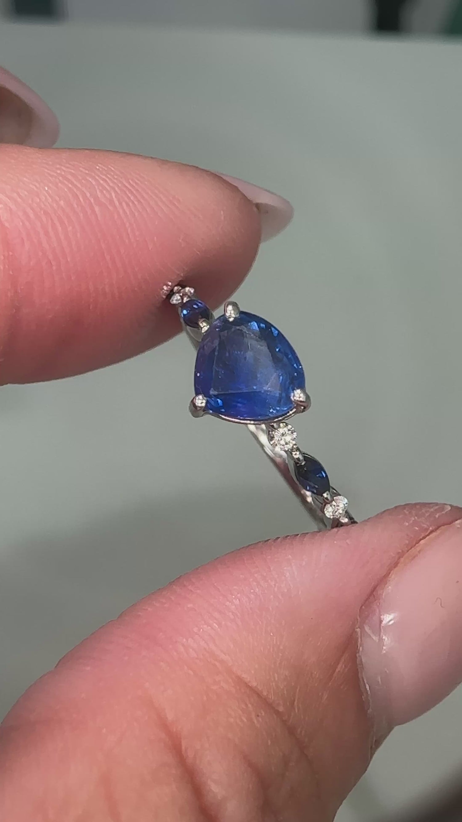 Trillion Cut Blue Sapphire Marquise Dot Ring