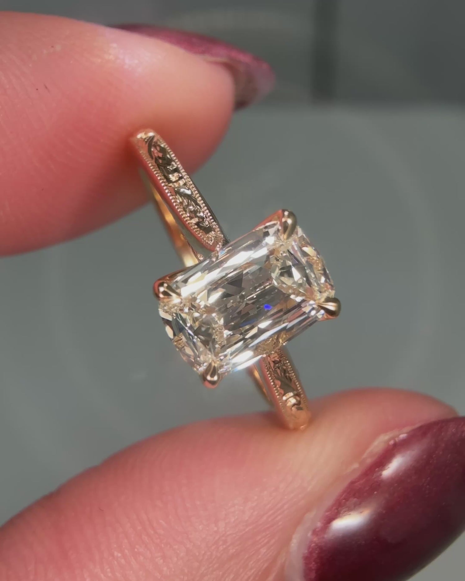 Antique Cushion Cut Diamond Engraved Ring