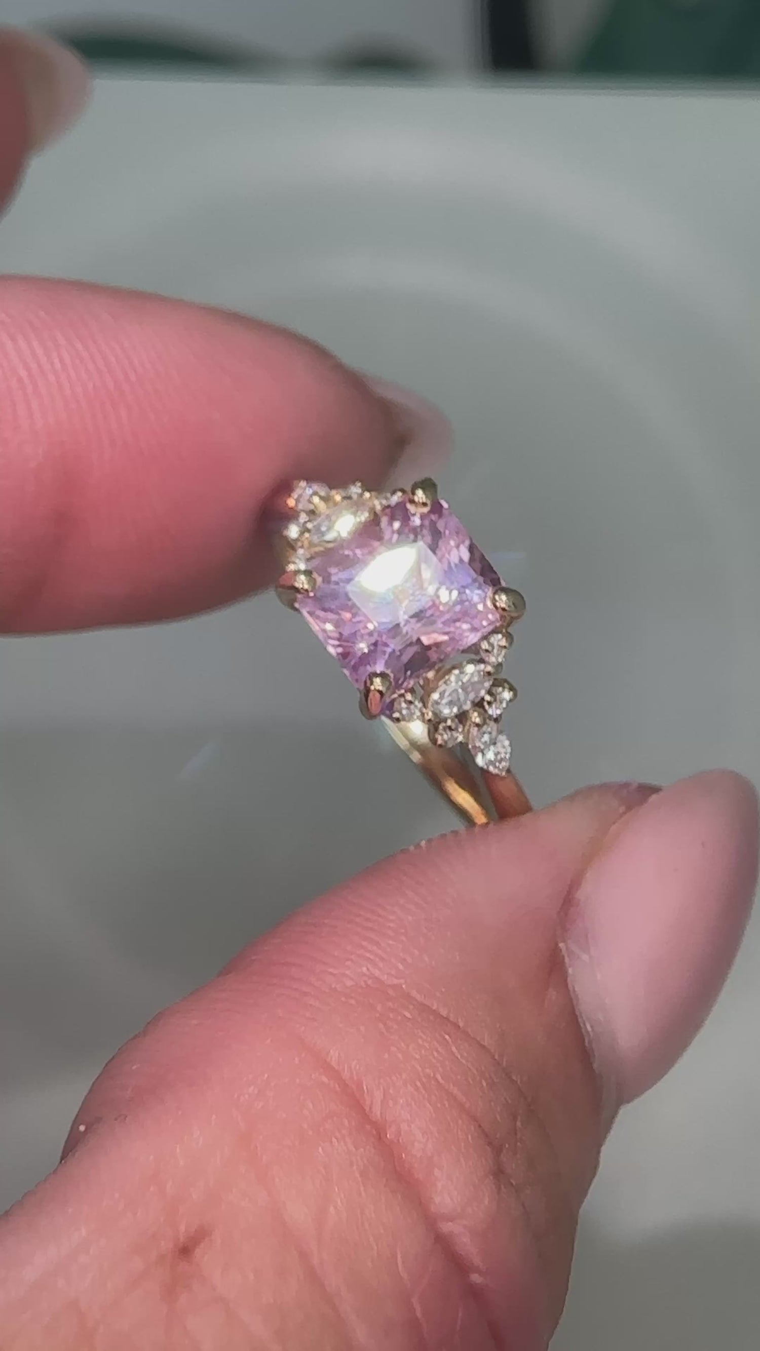 Pink Sapphire Radiant Cut Esmeralda Ring
