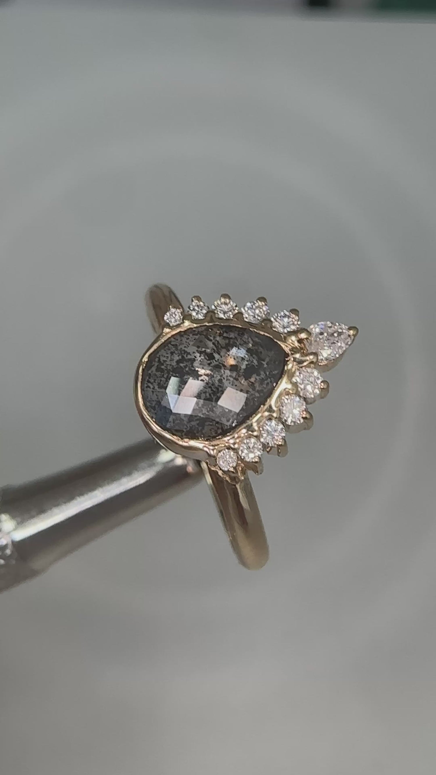 Salt and Pepper Pearshape Diamond Tiara Ring