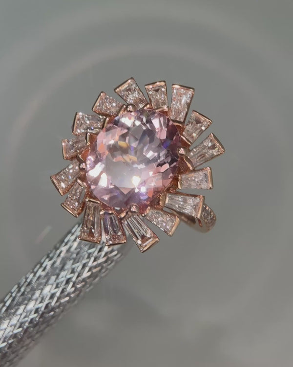 Oval Cut Morganite and Baguette Diamond Cluster Ring