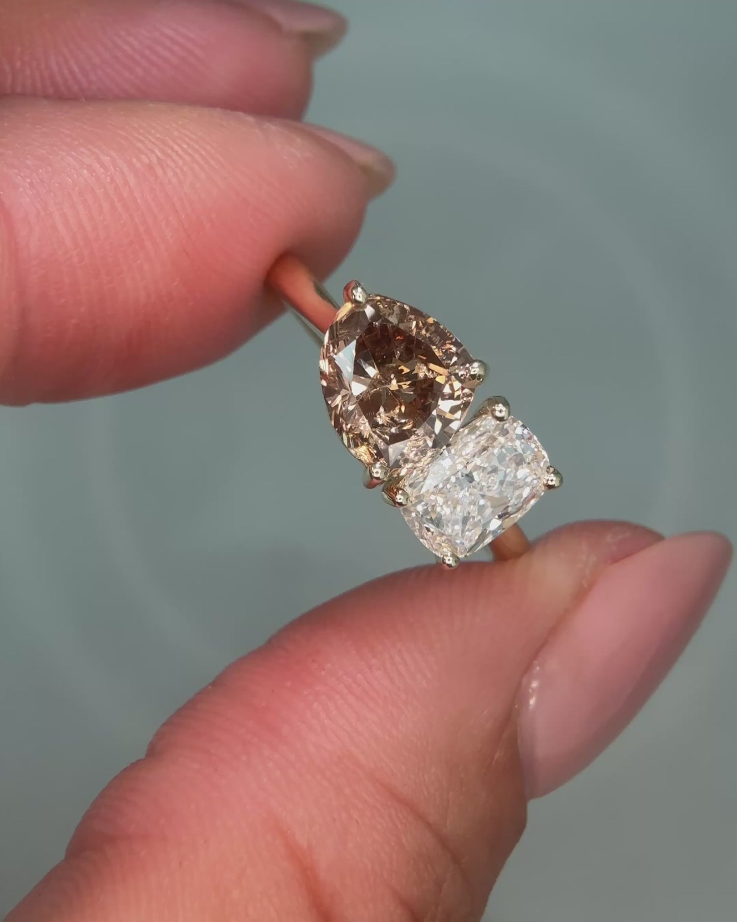 Trillion and Cushion Cut Diamond Toi Et Moi Ring