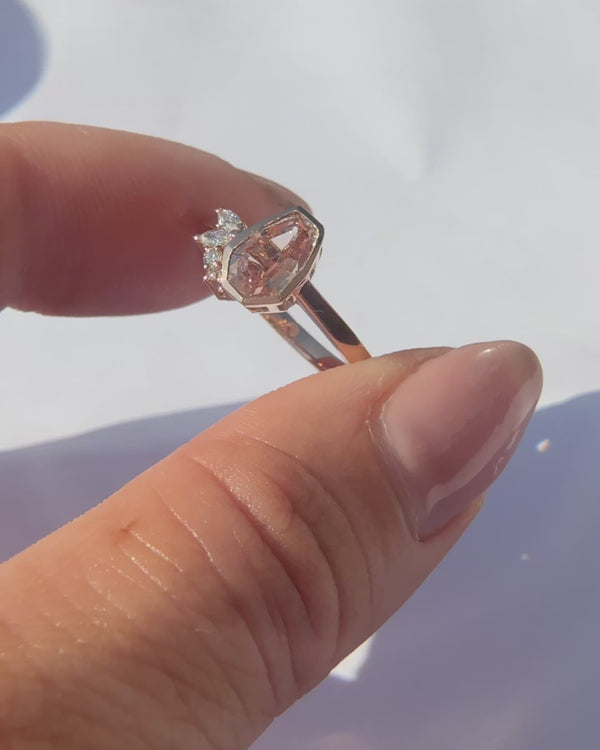 Hexagon cut peach sapphire floral cocktail ring