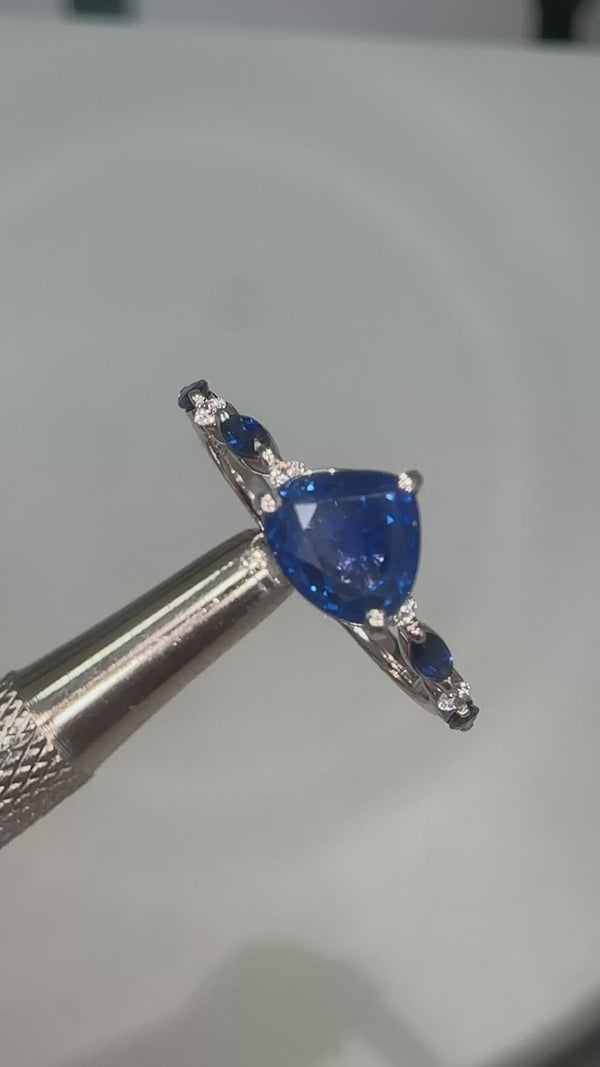 Trillion Cut Blue Sapphire Marquise Dot Ring